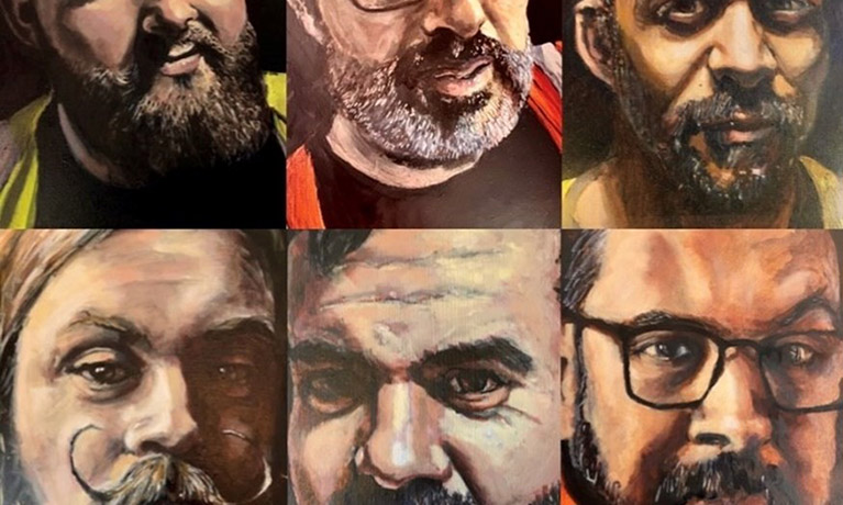 Montage of portraits of bearded men by Simon Gee