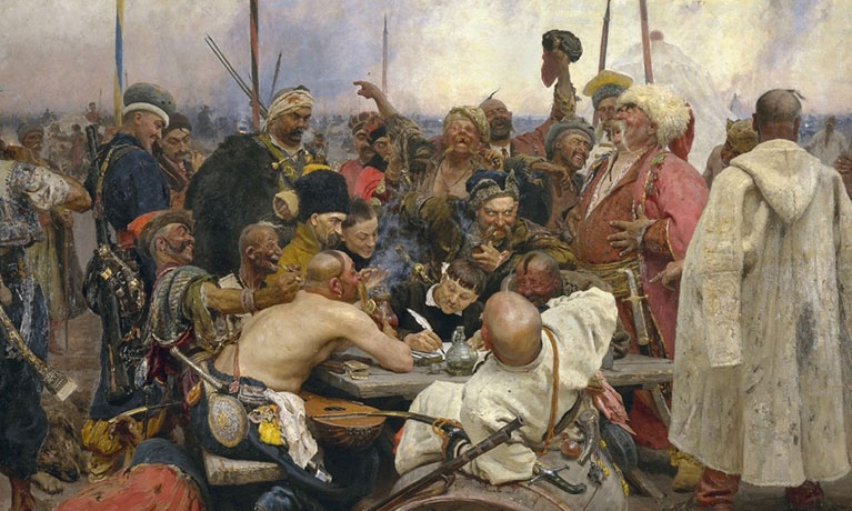 An oil painting of Ukrainian Cossacks around a table while a document is being signed.