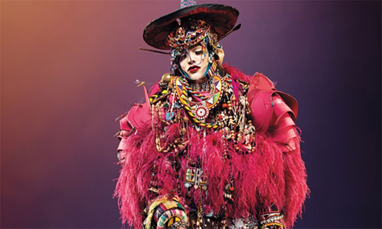 An image of a person dressed in jewels and pink feathers