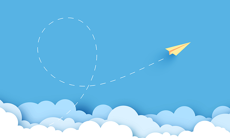 An illustration of a paper airplane against a blue sky and clouds.