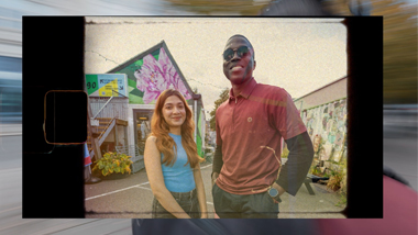 two student smiling on a retro style photograph
