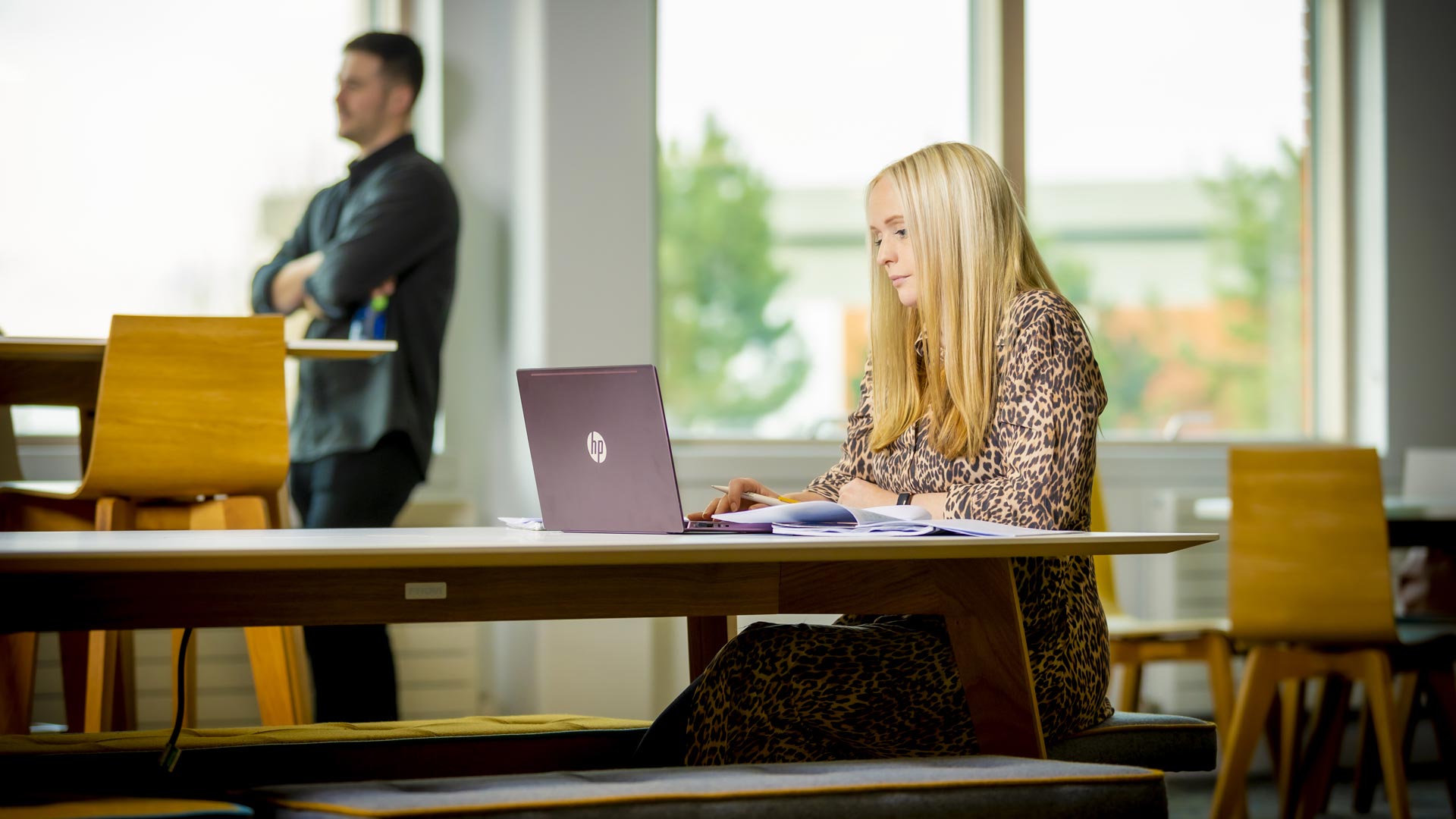 Student working on a laptop in a bright and open study space.