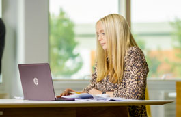 Student working on a laptop in a bright and open study space.