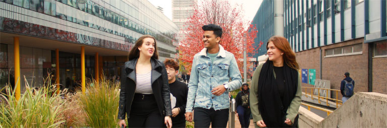 Students walking past the hub garden