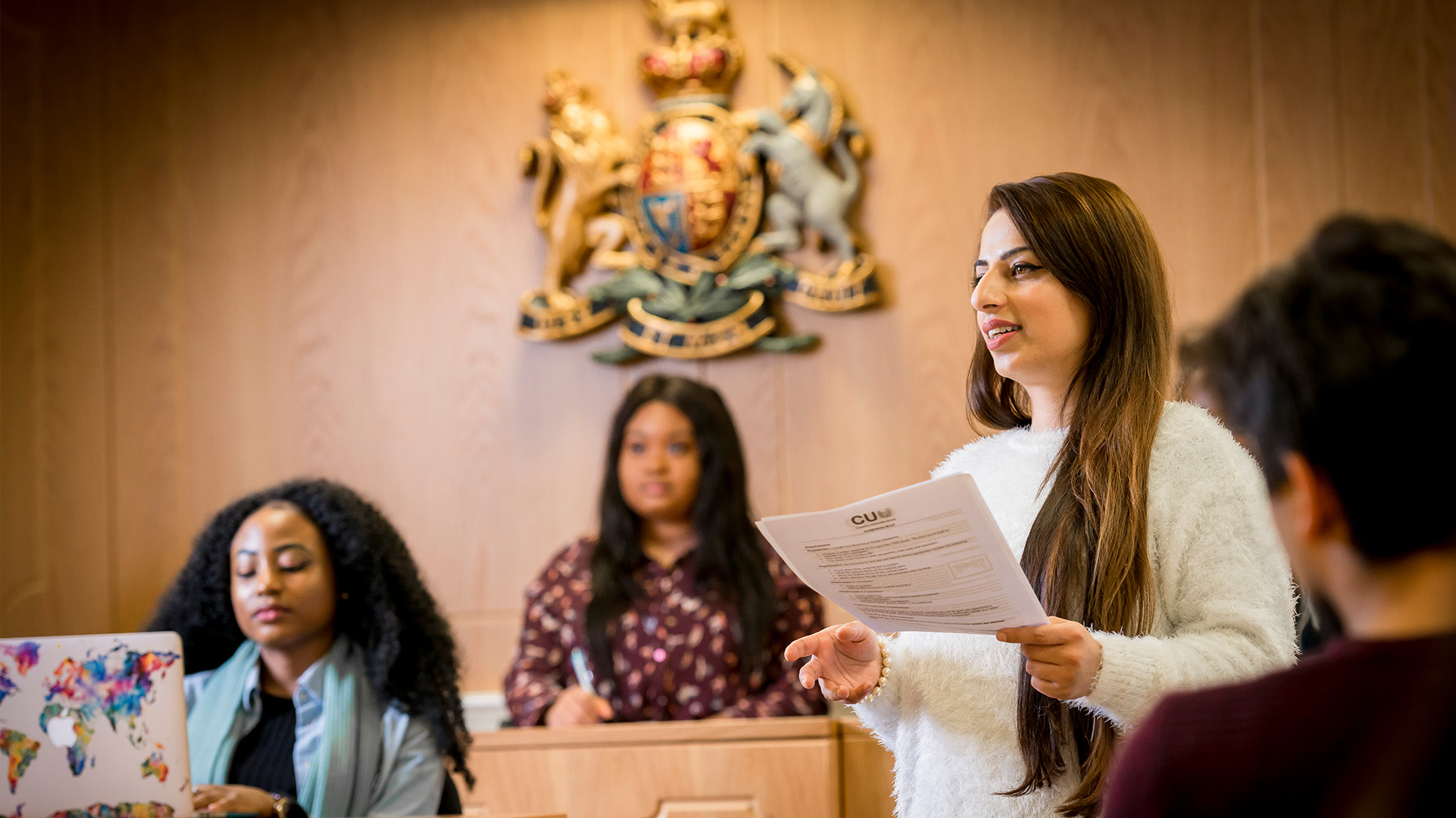 Students in the moot courtroom at CU Coventry.