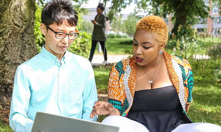 Female and male student sat outside on the grass looking at a laptop