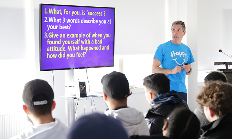 Author Dr Andy Cope gives a speech to CU Coventry third years at the careers event