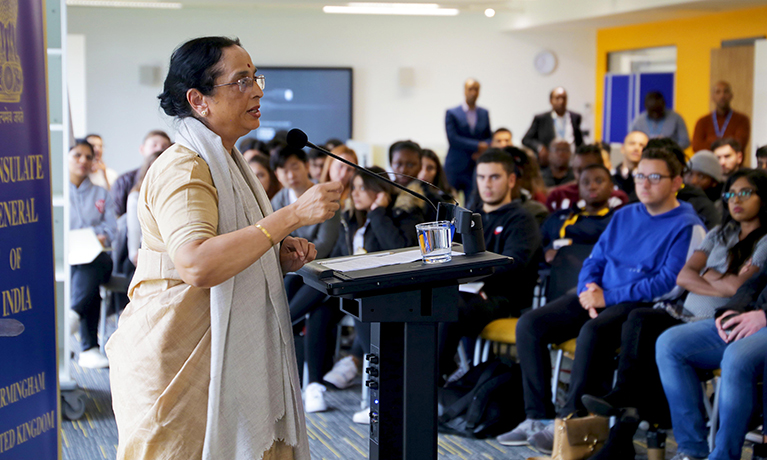 Shobhana Radhakrishna delivering a talk to CU Coventry students