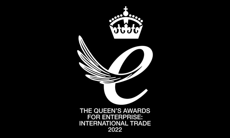 White logo on a black background that reads "Queens award for Enterprise: International trade 2022"
