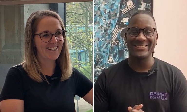 A collage photo showing an image of Michelle Poole wearing glasses and smiling next to an image of James Dornot wearing a black Driven By Us t-shirt and glasses while also smiling