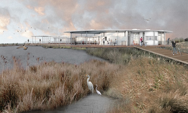 An artist's impression of the Coventry University students' design concept called Crane's Fen which shows a one-level building surrounded by a nature reserve and wooden decking leading up to and around the building