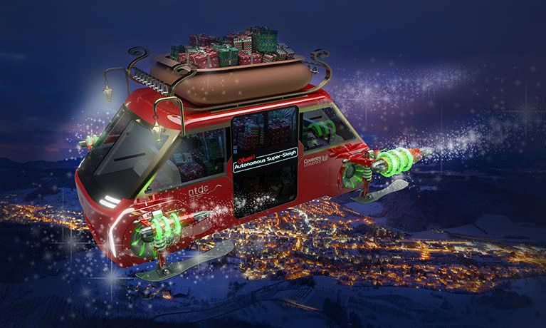 A futuristic sleigh with presents inside and on the roof