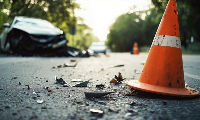 A damaged car behind  a traffic cone