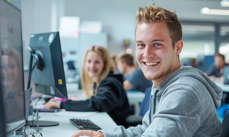 A male student in a grey jumper sat at a desk with a computer turning to face the camera