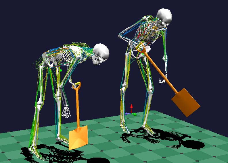 two motion capture skeletons digging in a garden