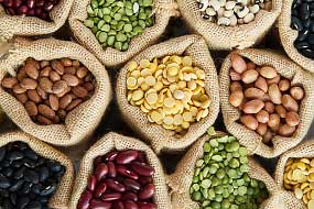 colourful legumes in sacks