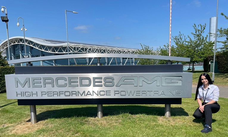 Coventry University student Ines Marokovic outside the Mercedes factory where she is on a placement year at Mercedes AMG High Performance Powertrains