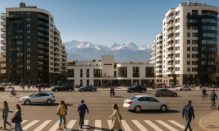 A street scene showing Coventry University Kazakhstan's campus in Almaty with cars and people in the foreground and mountains in the background