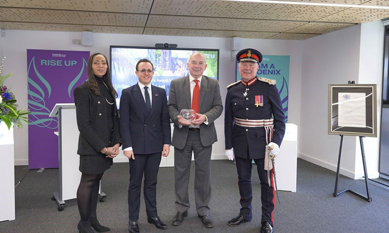 Chancellor Margaret Casely-Hayford CBE, Moroccan Ambassador to the UK HE Hakim Hajoui, Vice-Chancellor John Latham CBE and Lord Lieutenant of the West Midlands Sir John Crabtree celebrate Coventry University being given The Queen's Award for International Trade