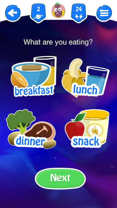 Health heroes app, breakfast, lunch, dinner and snack