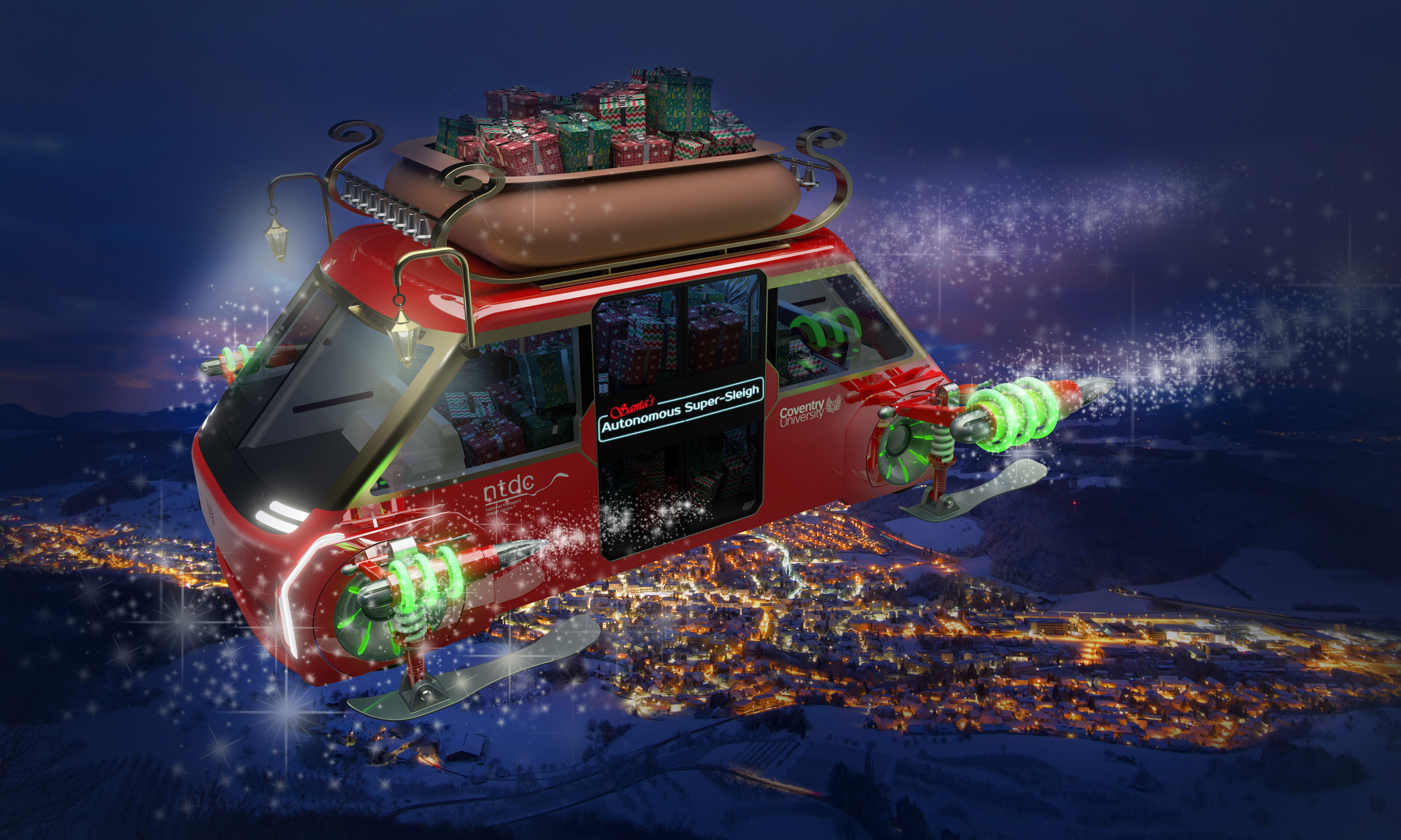Futuristic flying sleigh filled with presents