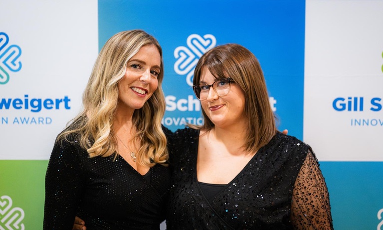 Student Nursing Times Awards winners Leah Kirkwood and Florence Jack-Petter, pictured in 2025 after being Highly Commended at the Gill Schweigert Innovation Awards.