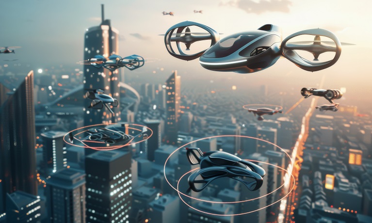Drones flying above a futuristic city