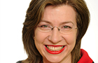 A portrait of Professor Rosalind Searle with a red and white background