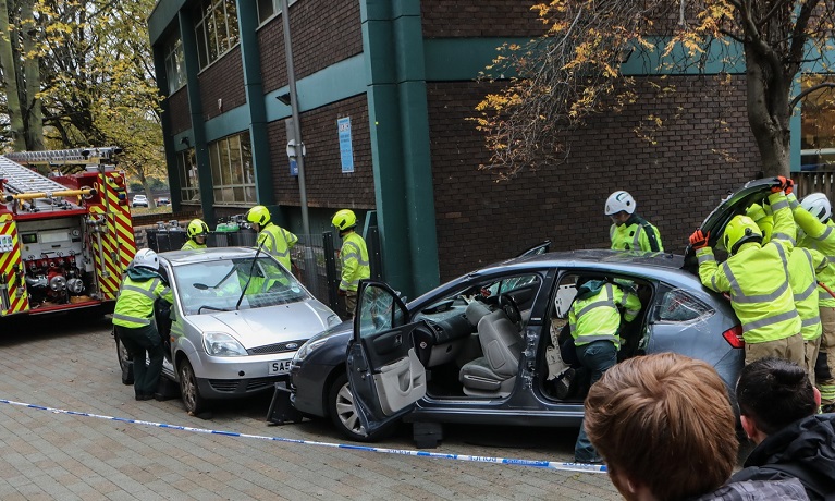 West Midlands Fire Service staged dramatic multi-vehicle crash scene at university