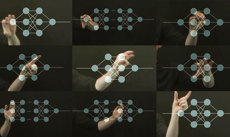 abstract data with hand reaching out to virtual objects