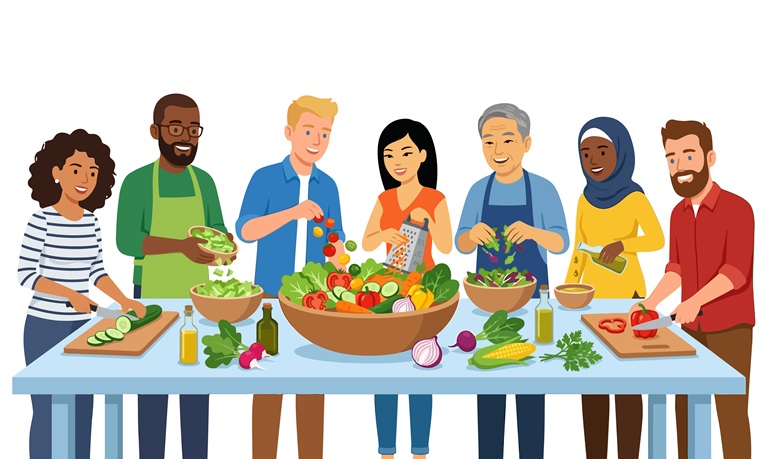 An animated-type image of people preparing food at a kitchen table