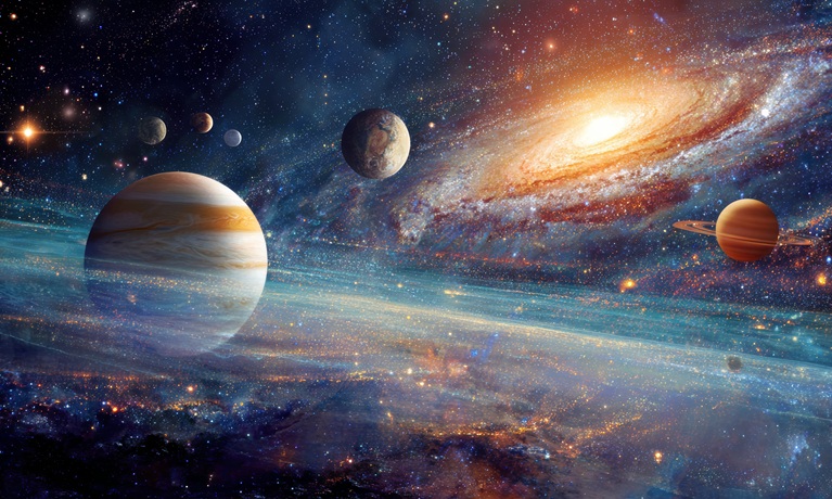 An AI generated image showing a solar system in space with a number of plants in the foreground