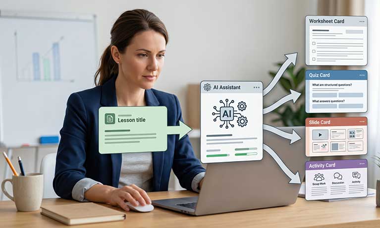 AI assistant generating full teaching kit from single lesson topic on screen, creating a clear education scene focused on planning, materials, and teacher productivity.