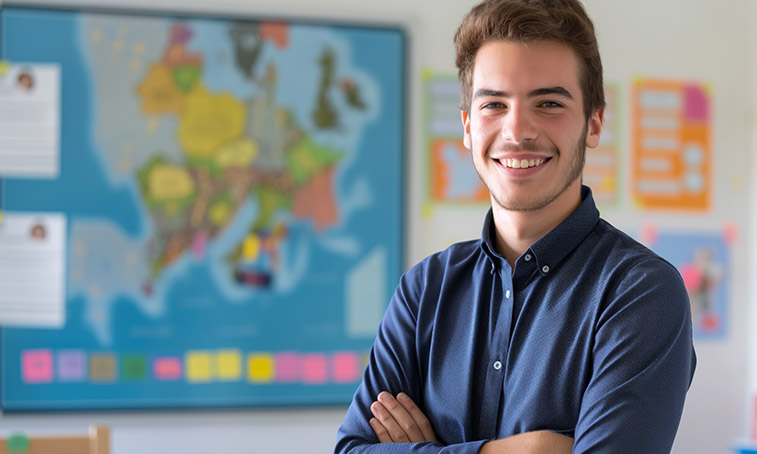 A male teacher standing in a classroom
