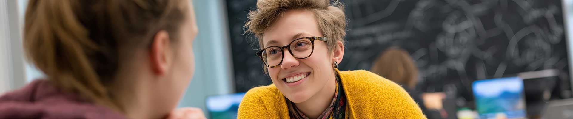 Close up of woman wearing glasses smiling in a conversation