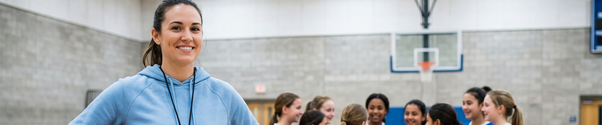 Smiling PE teacher holding a basketball in a school sports hall