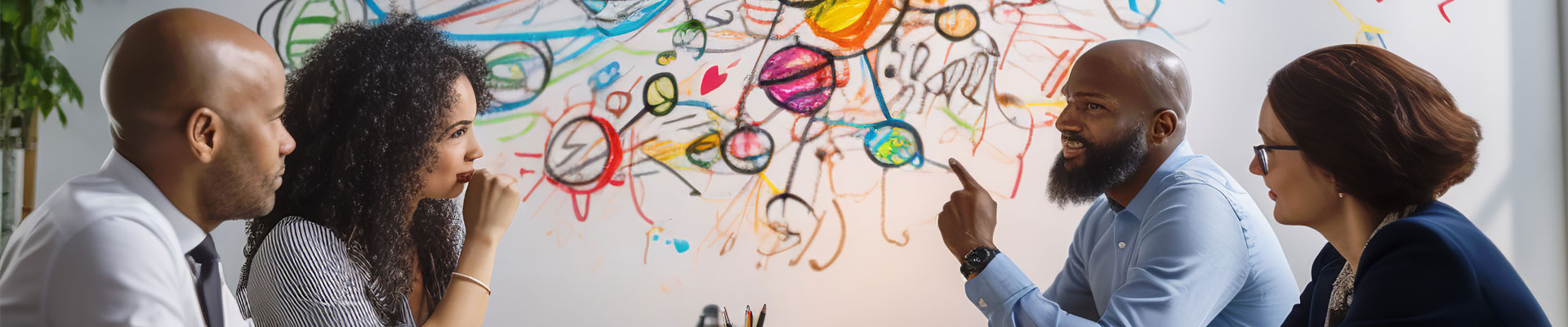 Four education professionals talking across a table with a colourful children's drawing of the solar system behind them