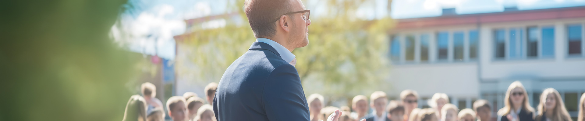 A headteacher speaking to a group of students outside a school building on a sunny day