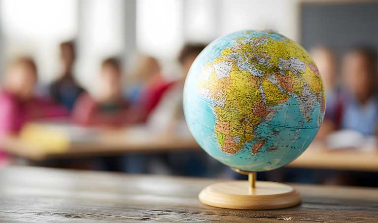 A globe in the foreground, class in the background, blurred