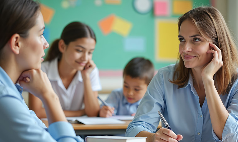 Two teachers talking in a classroom