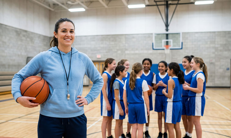 Smiling PE teacher holding a basketball in a school sports hall