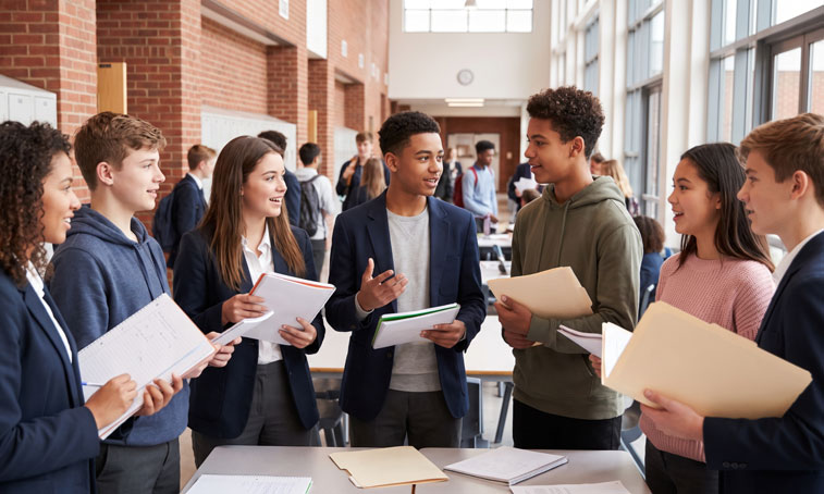 a group of students stood talking, holding notes