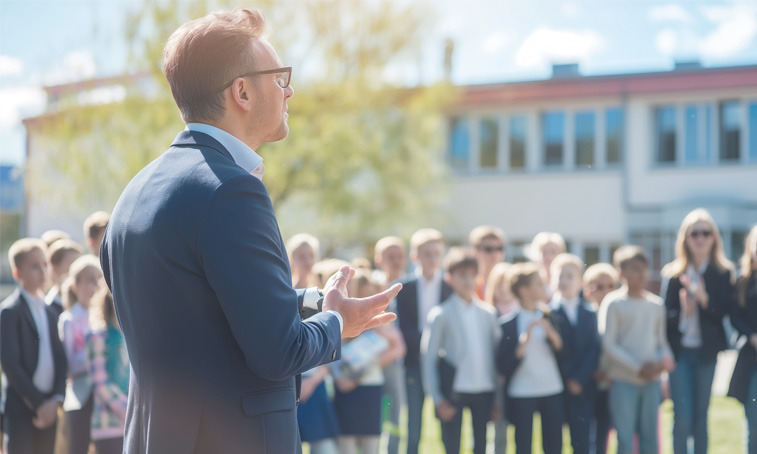 A headteacher speaking to a group of students outside a school building on a sunny day
