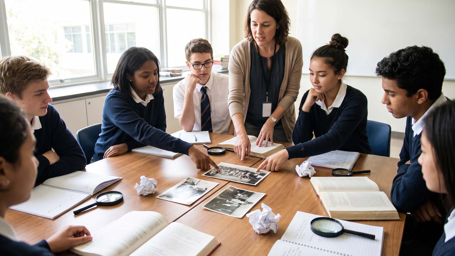 Secondary school students and their teacher collaborating on a history project while analysing old photographs around a classroom table
