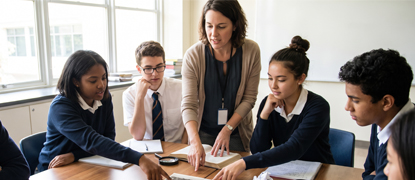 Secondary school students and their teacher collaborating on a history project while analysing old photographs around a classroom table