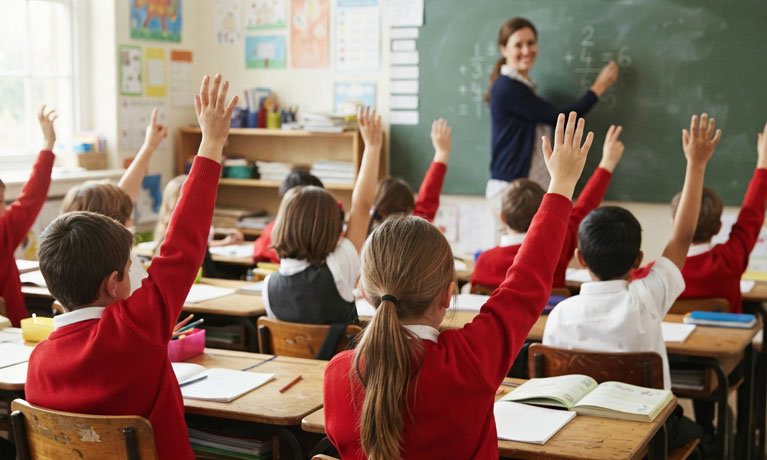 Primary school students in red uniforms sitting at wooden desks inside a bright classroom, raising their hands to answer questions for their teacher