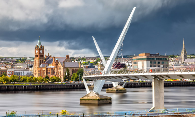 A view of the Peace Bridge and Guild Hall in Derry/Londonderry in Northern Ireland