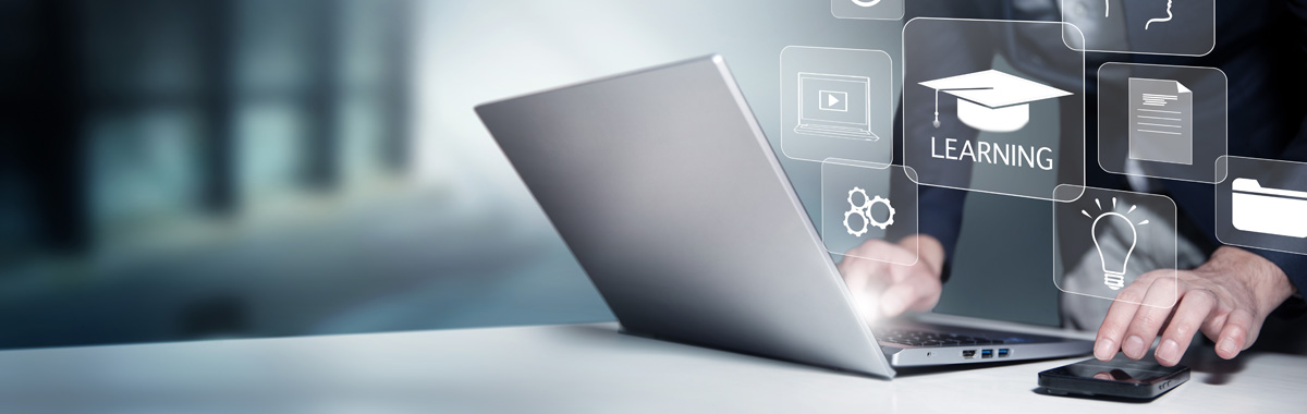 Digital image of a man using a laptop, surrounded by digital icons.