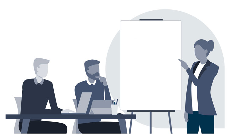 Illustration of three staff using a whiteboard