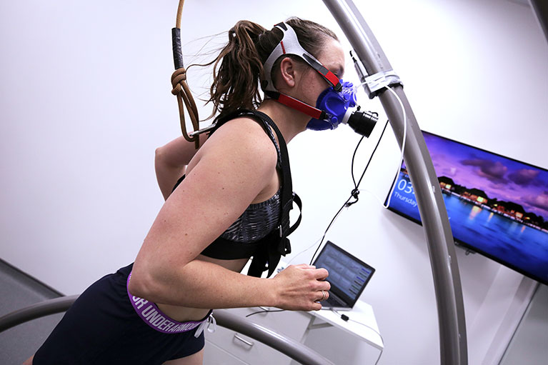 Ice Maiden Lieutenant Jenni Stephenson, of the Royal Artillery, taking part in the tests on the treadmill in Coventry University’s environment chamber. 